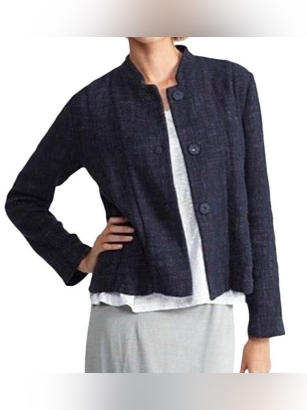 Eileen Fisher Navy Linen Cotton Textured Jacket Button Front Lightweight Medium